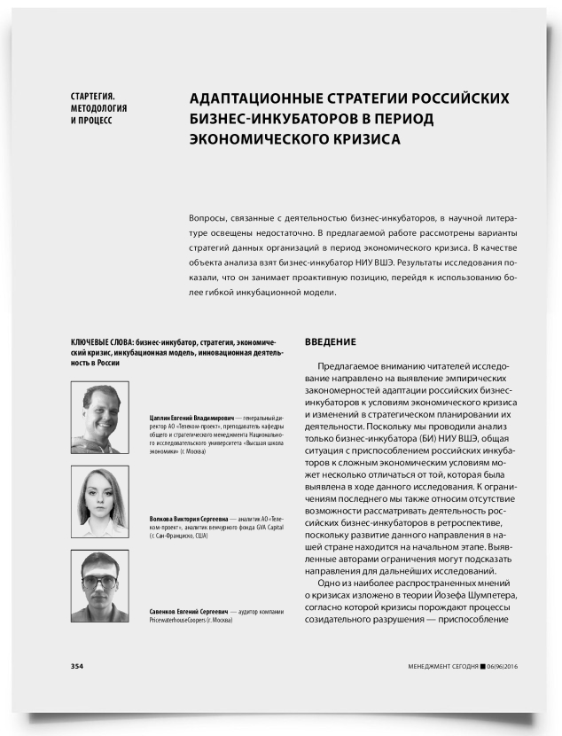 Адаптационные стратегии российских бизнес-инкубаторов в период экономического кризиса - титульная страница