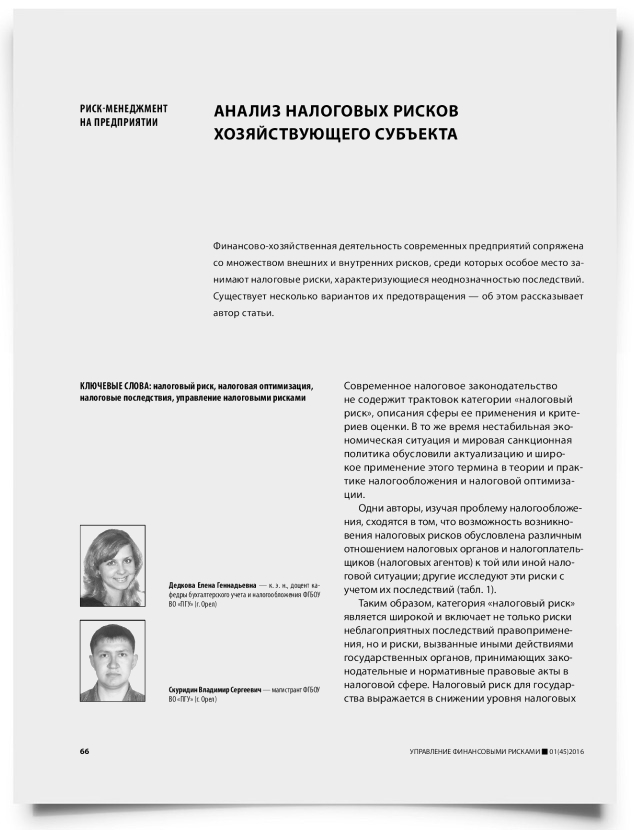 Анализ налоговых рисков хозяйствующего субъекта - титульная страница