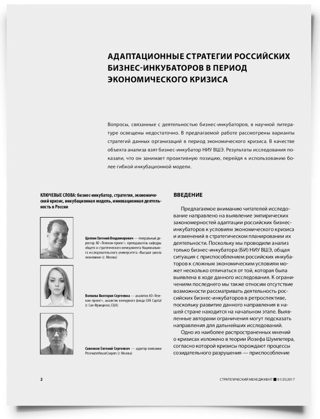 Адаптационные стратегии российских бизнес-инкубаторов в период экономического кризиса - титульная страница