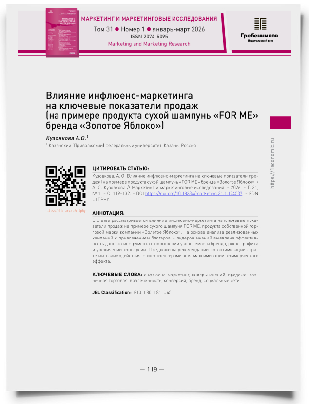 Влияние инфлюенс-маркетинга на ключевые показатели продаж (на примере продукта сухой шампунь «FOR ME» бренда «Золотое Яблоко») - титульная страница