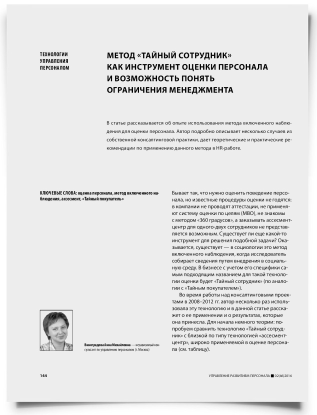 Метод «тайный сотрудник» как инструмент оценки персонала и возможность понять ограничения менеджмента - титульная страница