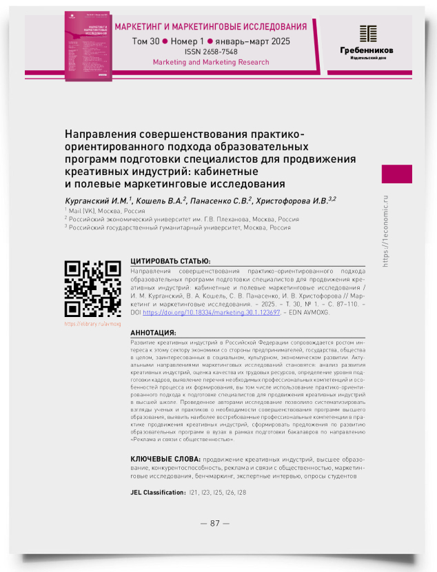 Направления совершенствования практико-ориентированного подхода образовательных программ подготовки специалистов для продвижения креативных индустрий: кабинетные и полевые маркетинговые исследования - титульная страница